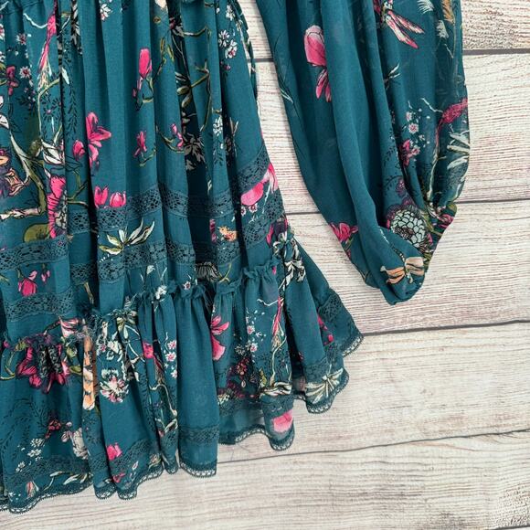 Free People Floral Rough Seam Semi Sheer Sleeve Mini Dress Womens Small Green - Picture 6 of 12